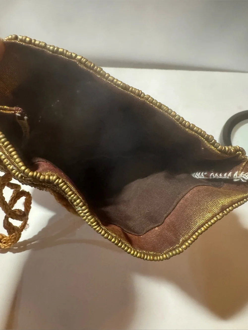 Vintage Hand-Beaded Evening Bag - Drawstring, Bronze/Gold Metallic, Lined